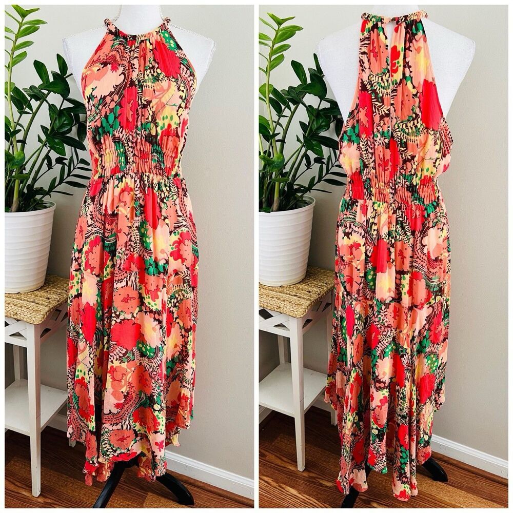 A.L.C. Ellie Silk Orange Floral Halter Style Maxi Dress Womens Sz 12 Boho Resort